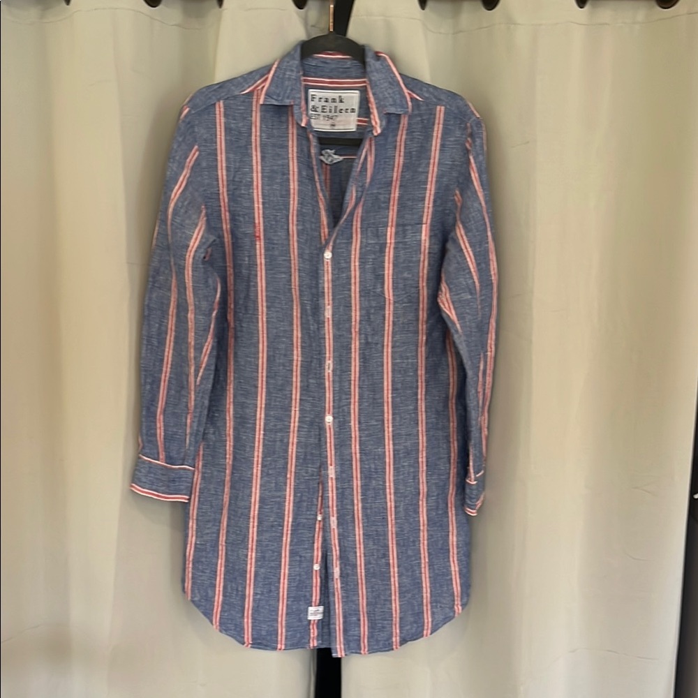 Frank & Eileen Blue and Red Casual Button Down Linen Shirtdress